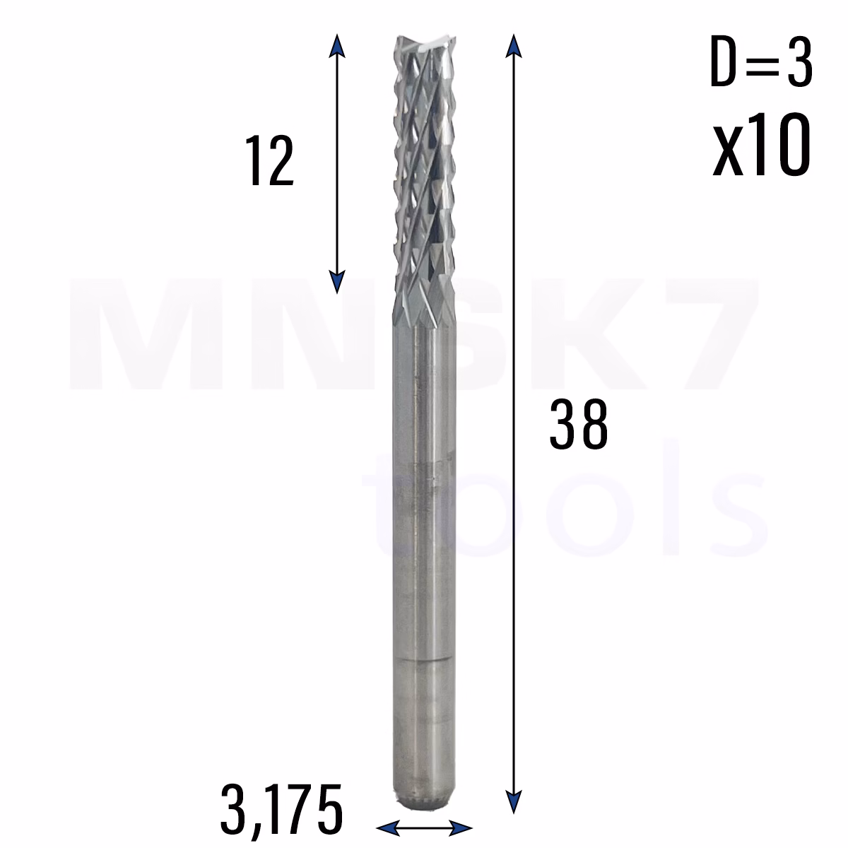 Zestaw frezów wieloostrzowych 10 szt | trzpień 3.175 | fi 3 x 12 x 38 | CNC