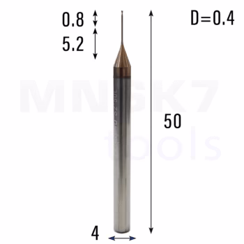 Frez palcowy mikro do metalu 2P | fi 0.4 mm * 50 mm | CNC VHM HRC 55