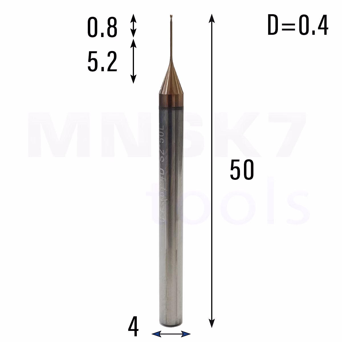 Frez palcowy mikro do metalu 2P | fi 0.4 mm * 50 mm | CNC VHM HRC 55
