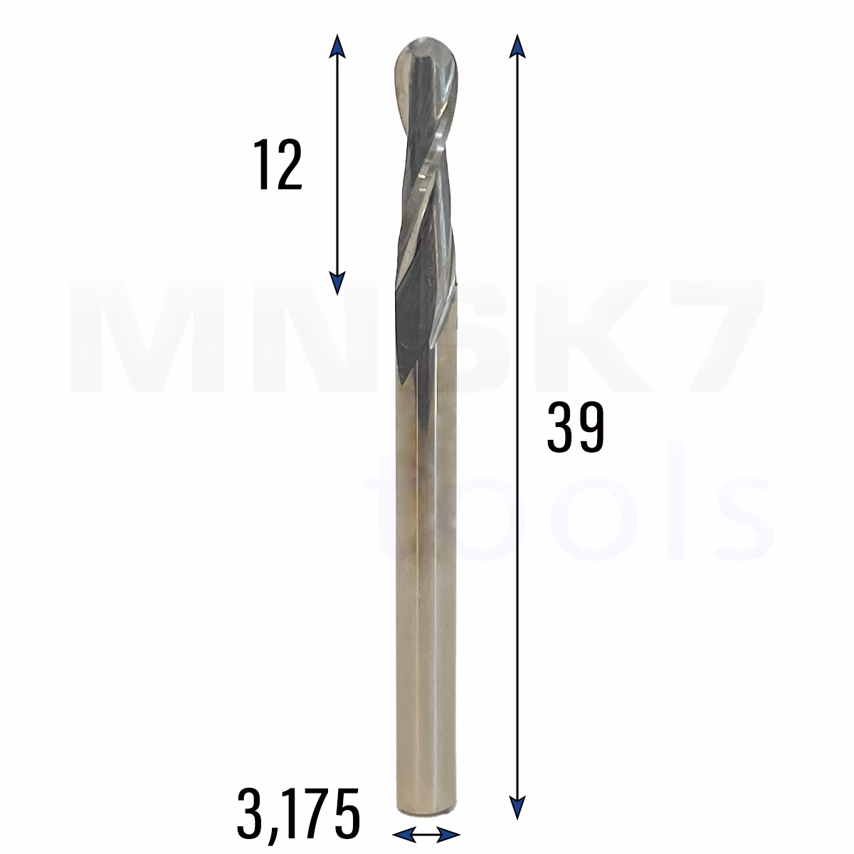 Frez kulowy 3D 2P | trzpień 3,175 mm | fi 3,175 x 12 x 39 | R1,59 | VHM CNC