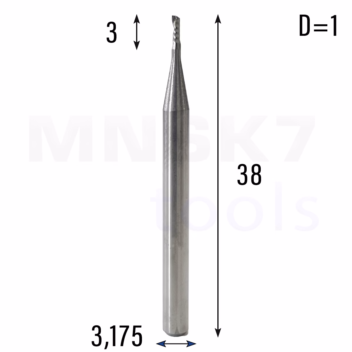 Frez uniwersalny jednopiórowy 1P | fi 1 x 3 x 38 | VHM CNC | Polerowany