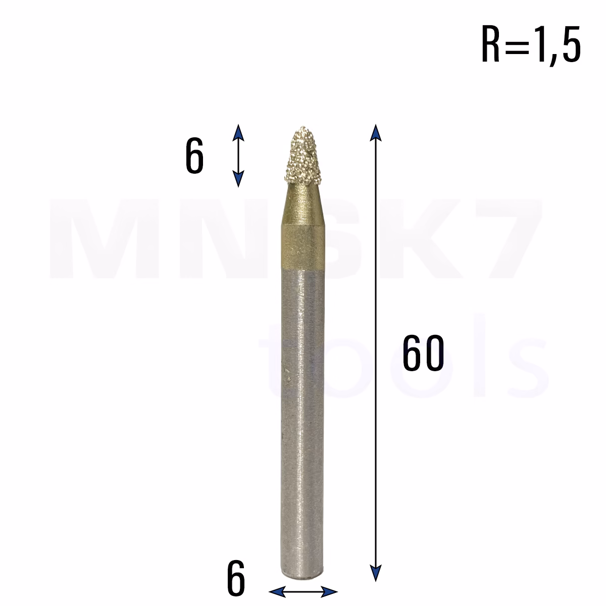 Frez diamentowy stożkowy kulowy do granitu 3D | R 1,5 | 6 × 6 × 60 | CNC