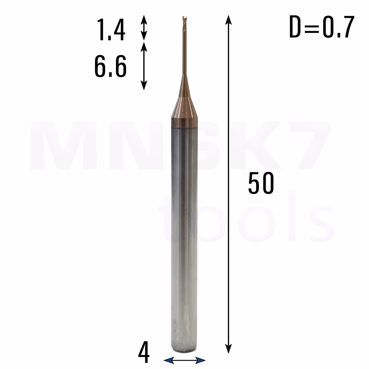 Frez palcowy mikro do metalu 2P | fi 0.7 mm * 50 mm | CNC VHM HRC 55