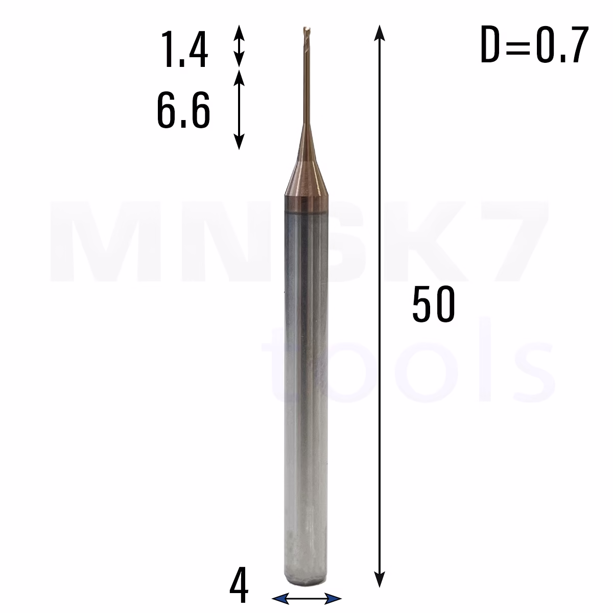 Frez palcowy mikro do metalu 2P | fi 0.7 mm * 50 mm | CNC VHM HRC 55