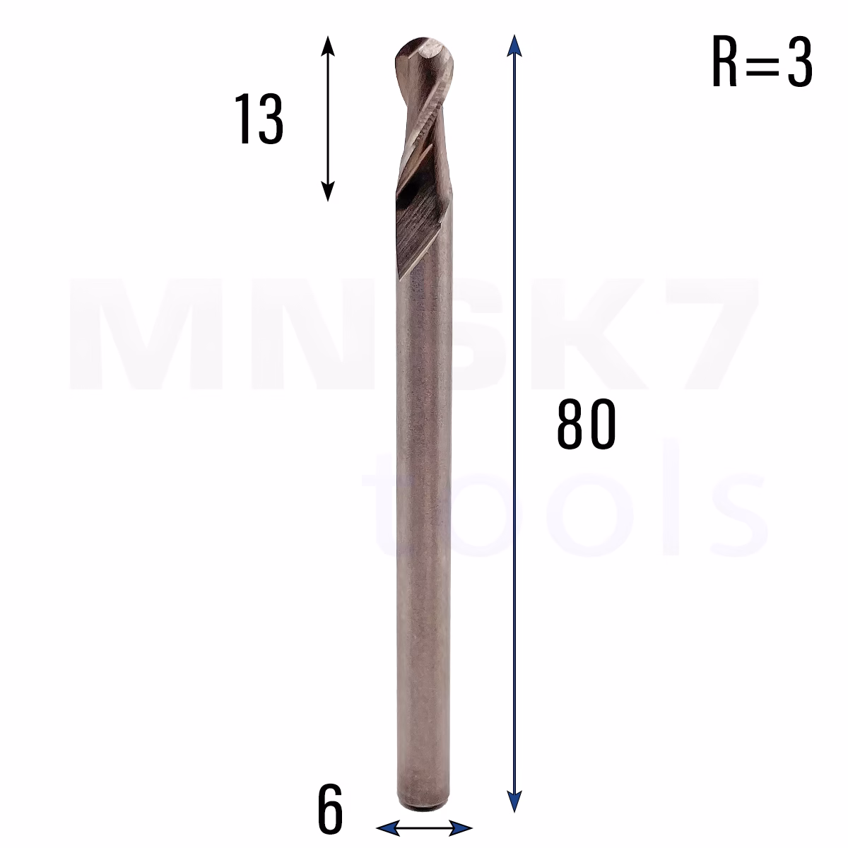 Frez kulowy 3D 2P | trzpień 6 mm | fi 6 x 13 x 80 | R3 | HSS-AL HRC 65 - obrazek 2