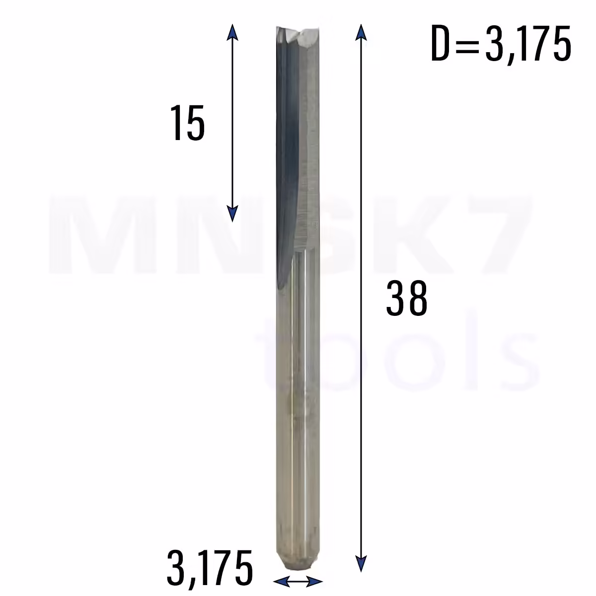 Frez prosty do drewna 2P | fi 3.175 mm x 15 mm x 38 mm | CNC VHM