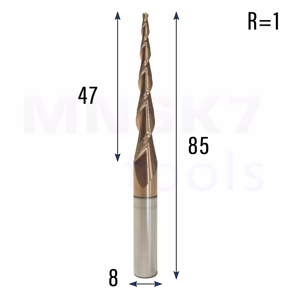 Frez stożkowy kulowy 3D | 8 x 47 x 85 | R1 | HRC55 | 3.65°