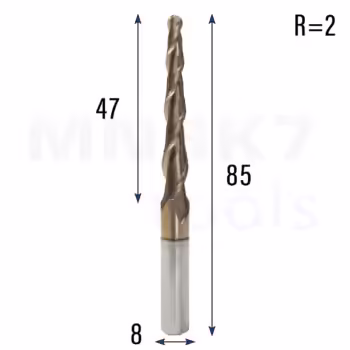 Frez stożkowy kulowy 3D | 8 x 47 x 85 | R2 | HRC55 | 2.44°