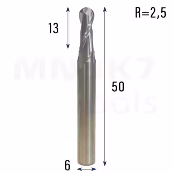 Frez kulowy 3D 2P | trzpień 6 mm | fi 6 x 13 x 50 | R2,5 | VHM CNC | HRC 55