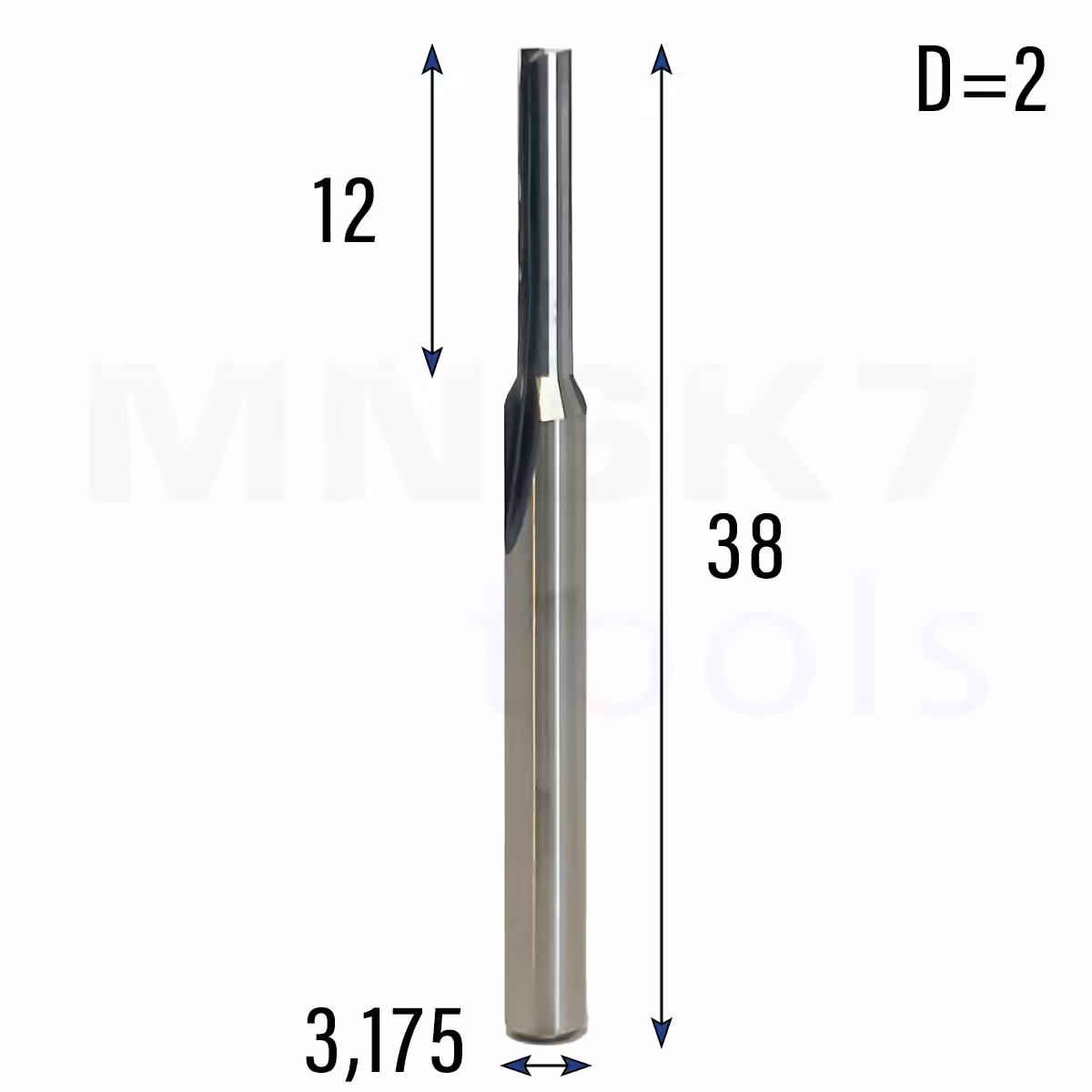 Frez prosty do drewna 2P | fi 2 mm x 12 mm x 38 mm | CNC VHM