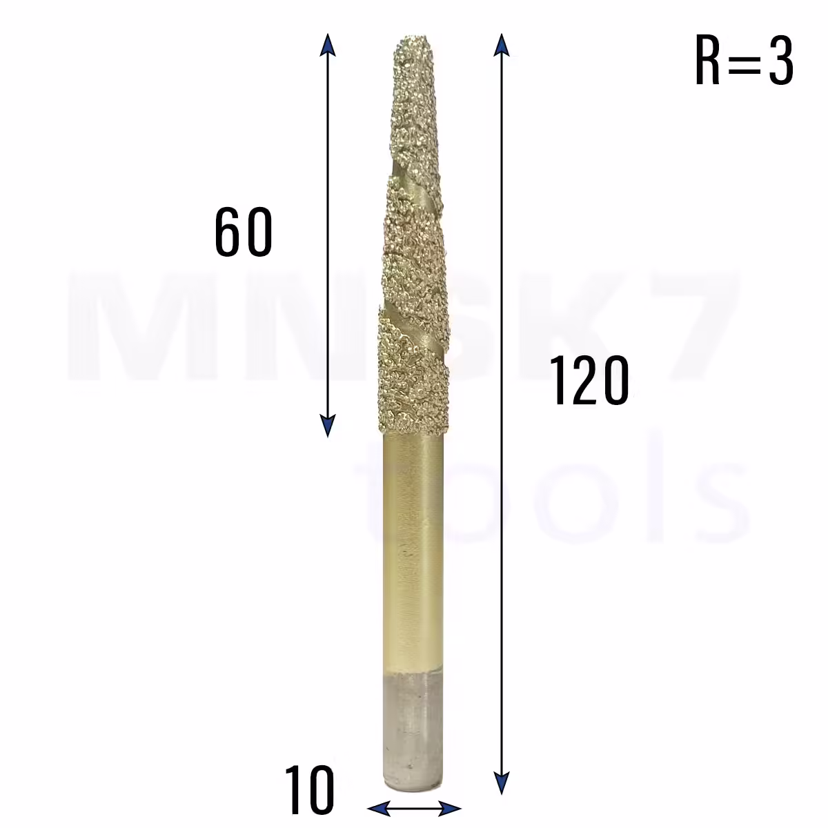 Frez diamentowy stożkowy kulowy do granitu 3D | R 3 | 10 × 60 × 120 | CNC