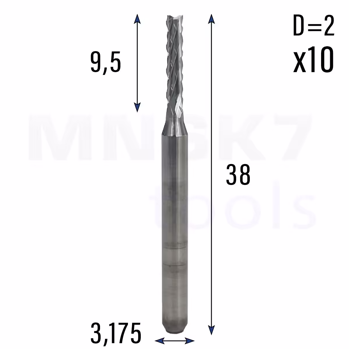 Zestaw frezów wieloostrzowych 10 szt | trzpień 3.175 | fi2 x 9.5 x 38 | CNC