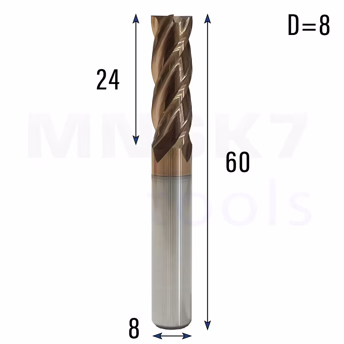 Frez do metalu spiralny CNC 4F HRC55 8*8*24*60 (HUHAO)
