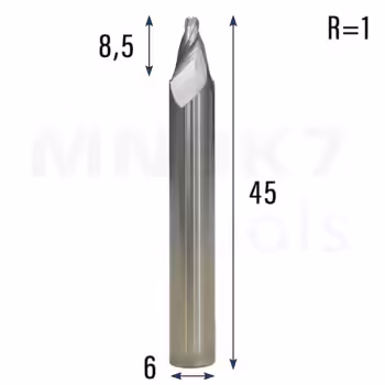 Frez stożkowy kulowy 3D | 6 x 8,5 x 45 | R1 | HRC55 | 30°
