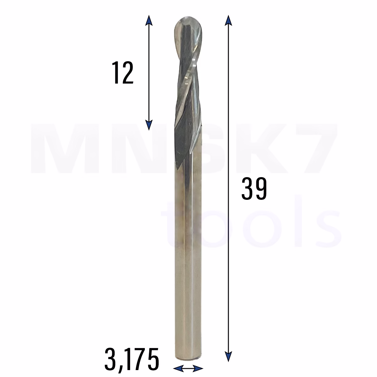 Frez kulowy 3D 2P | trzpień 3,175 mm | fi 3,175 x 12 x 39 | R1,59 | VHM CNC
