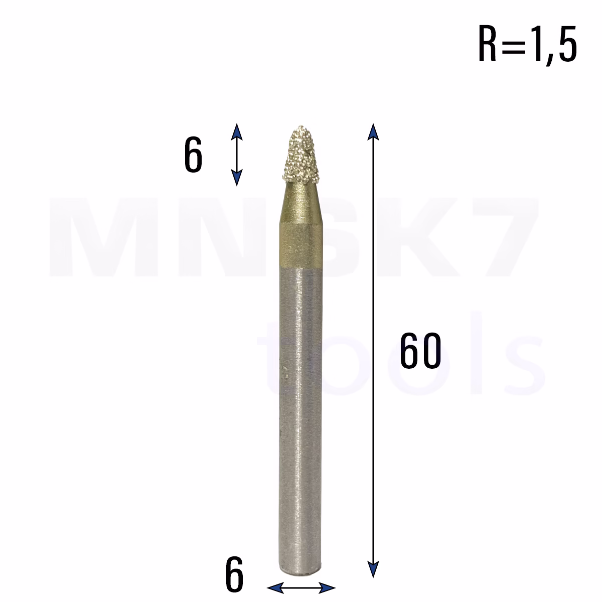 Frez diamentowy stożkowy kulowy do granitu 3D | R 1,5 | 6 × 6 × 60 | CNC