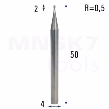 Frez kulowy 3D 2P | trzpień 4 mm | fi 1 x 2 x 50 | R0.5 | HRC55 | VHM CNC