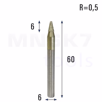 Frez diamentowy stożkowy kulowy do granitu 3D | R 0,5 | 6 × 6 × 60 | CNC