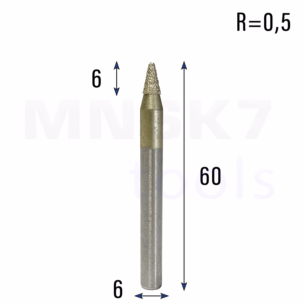 Frez diamentowy stożkowy kulowy do granitu 3D | R 0,5 | 6 × 6 × 60 | CNC