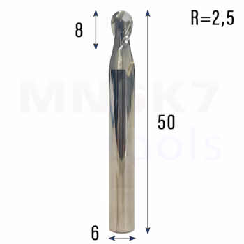 Frez kulowy 3D 2P | trzpień 6 mm | fi 5 x 8 x 50 | R2.5 | HRC55 | VHM CNC