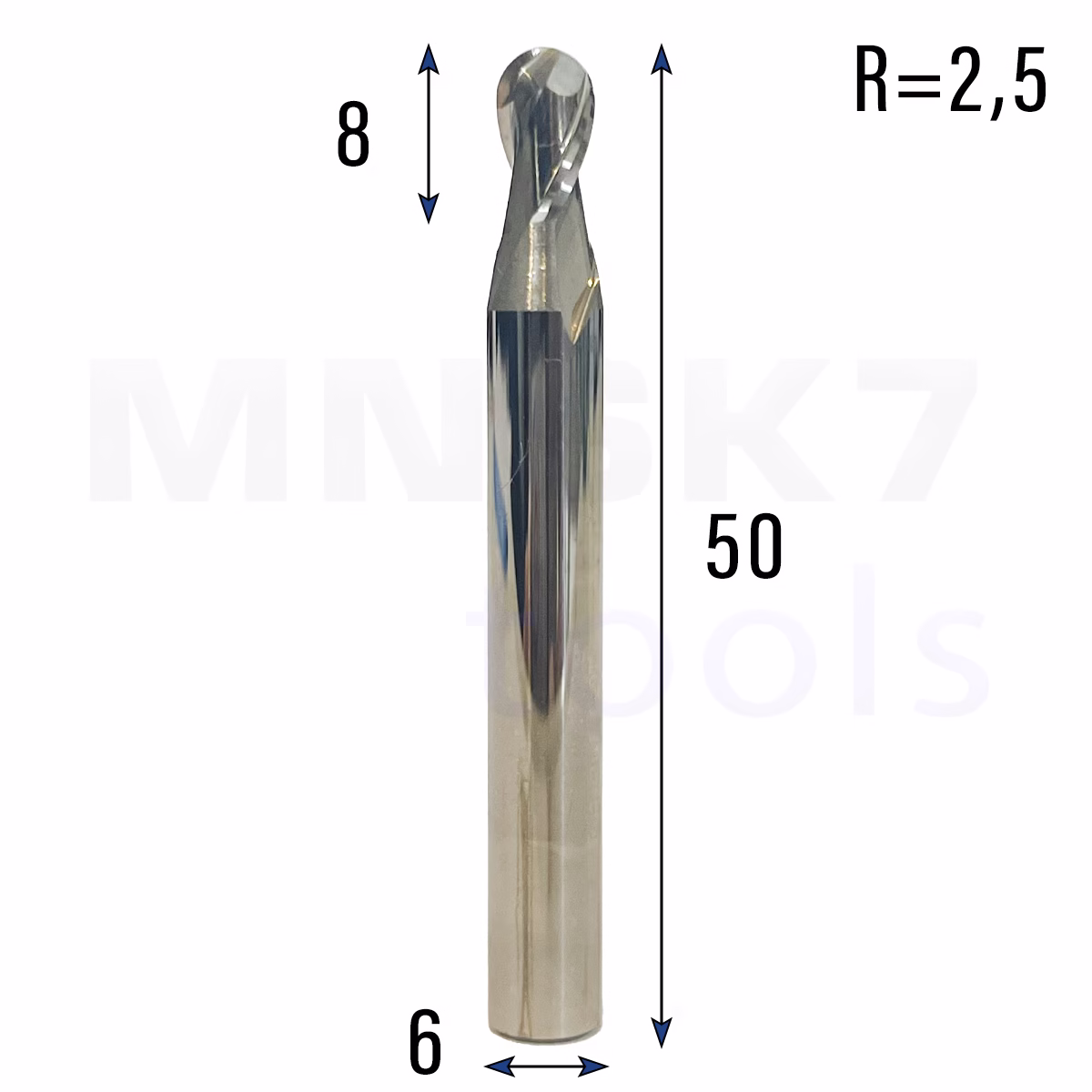 Frez kulowy 3D 2P | trzpień 6 mm | fi 5 x 8 x 50 | R2.5 | HRC55 | VHM CNC