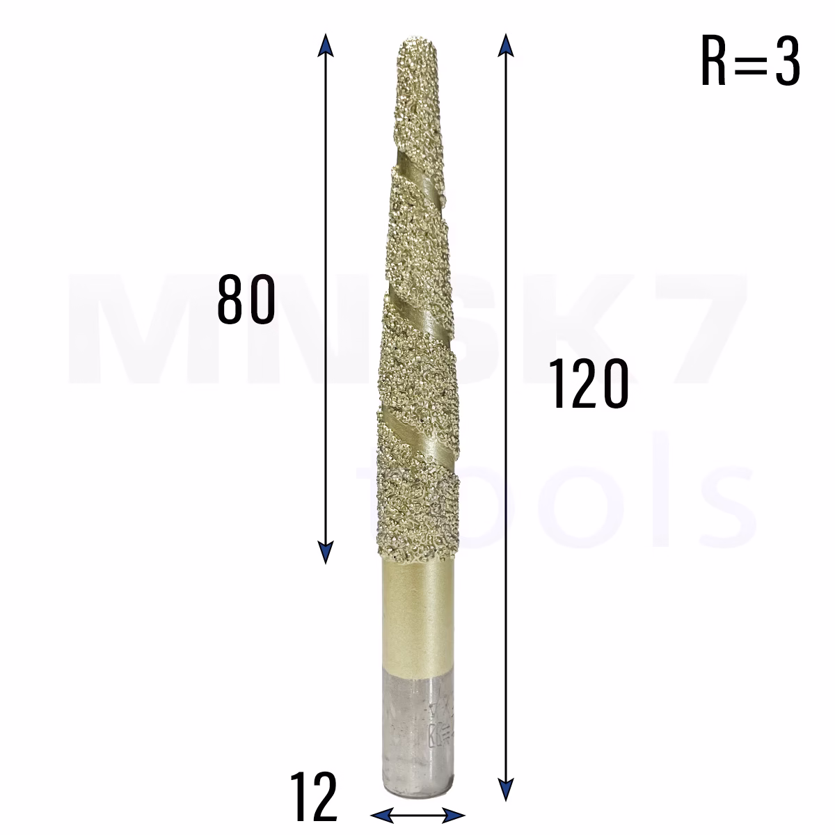 Frez diamentowy stożkowy kulowy do granitu 3D | R 3 | 12 × 80 × 120 | CNC