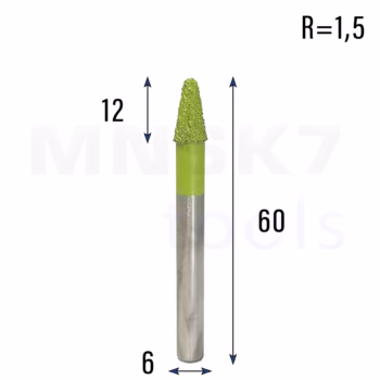 Frez diamentowy stożkowy kulowy do granitu 3D | R 1,5 | 6 × 12 × 60 | CNC