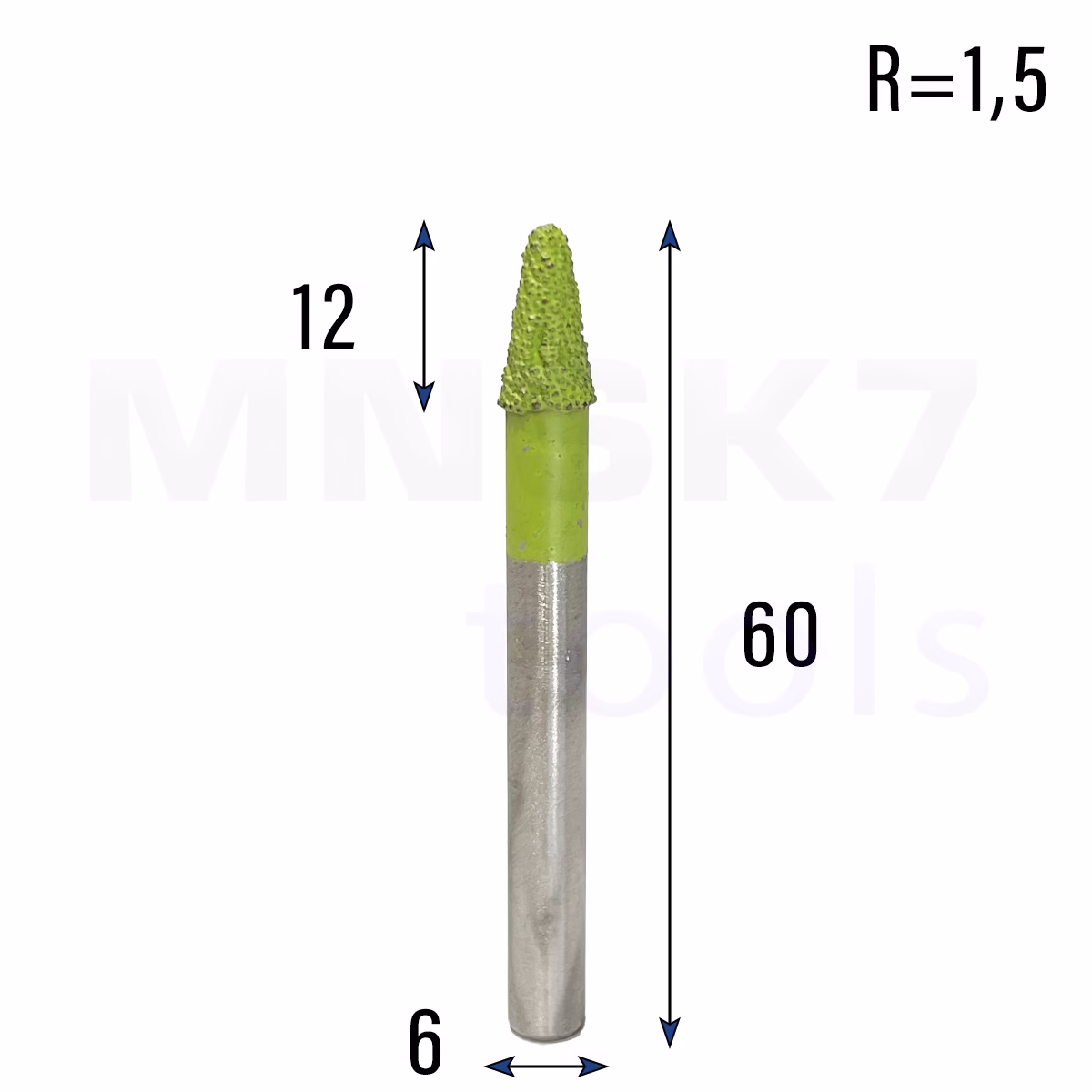 Frez diamentowy stożkowy kulowy do granitu 3D | R 1,5 | 6 × 12 × 60 | CNC