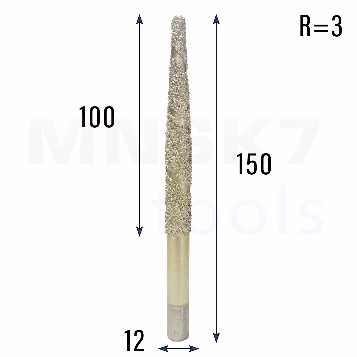 Frez diamentowy stożkowy kulowy do granitu 3D | R 3 | 12 × 100 × 150 | CNC