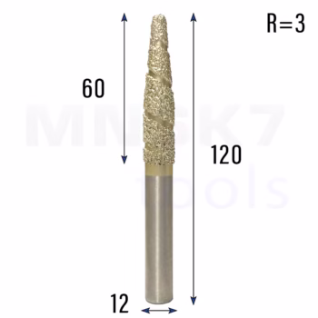 Frez diamentowy stożkowy kulowy do granitu 3D | R 3 | 12 × 60 × 120 | CNC