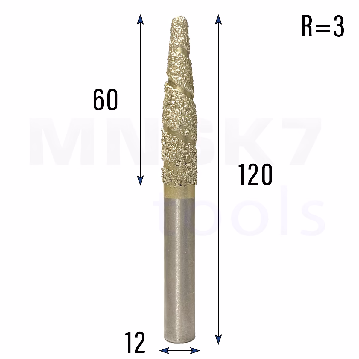 Frez diamentowy stożkowy kulowy do granitu 3D | R 3 | 12 × 60 × 120 | CNC