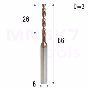 Frez wiertło CNC | fi 3 mm x 6 mm x 66 mm | VHM HRC65 | TiSiN
