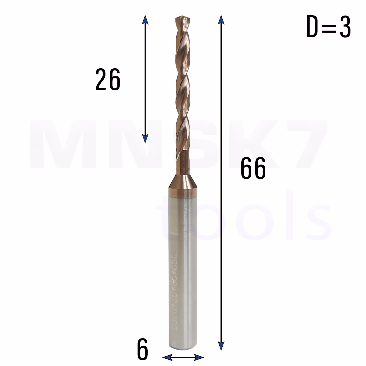 Frez wiertło CNC | fi 3 mm x 6 mm x 66 mm | VHM HRC65 | TiSiN