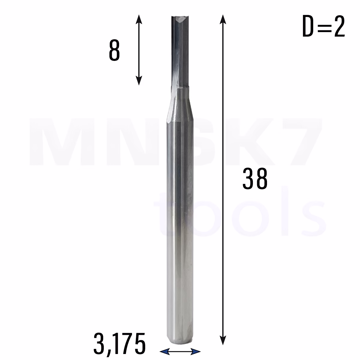 Frez prosty do drewna 2P | fi 2 mm x 8 mm x 38 mm | CNC VHM