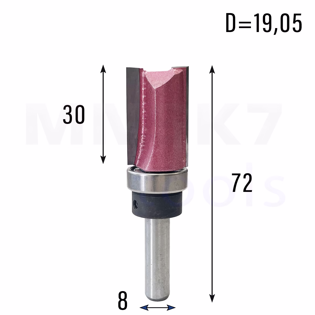 Frez prosty do drewna 2P | trzpień 8mm | fi 19,05 x 30 | VHM | z łożyskiem