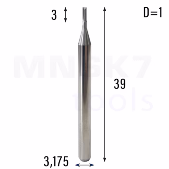 Frez prosty do drewna 2P | fi 1 mm x 3 mm x 39 mm | CNC VHM