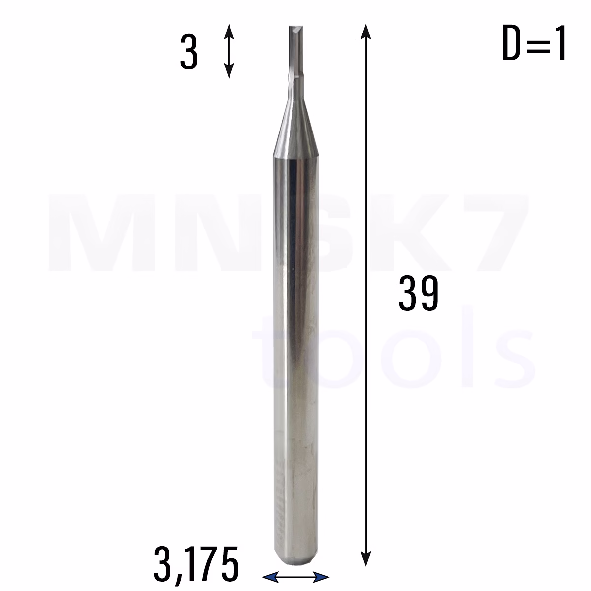 Frez prosty do drewna 2P | fi 1 mm x 3 mm x 39 mm | CNC VHM