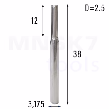 Frez prosty do drewna 2P | fi 2.5 mm x 12 mm x 38 mm | CNC VHM