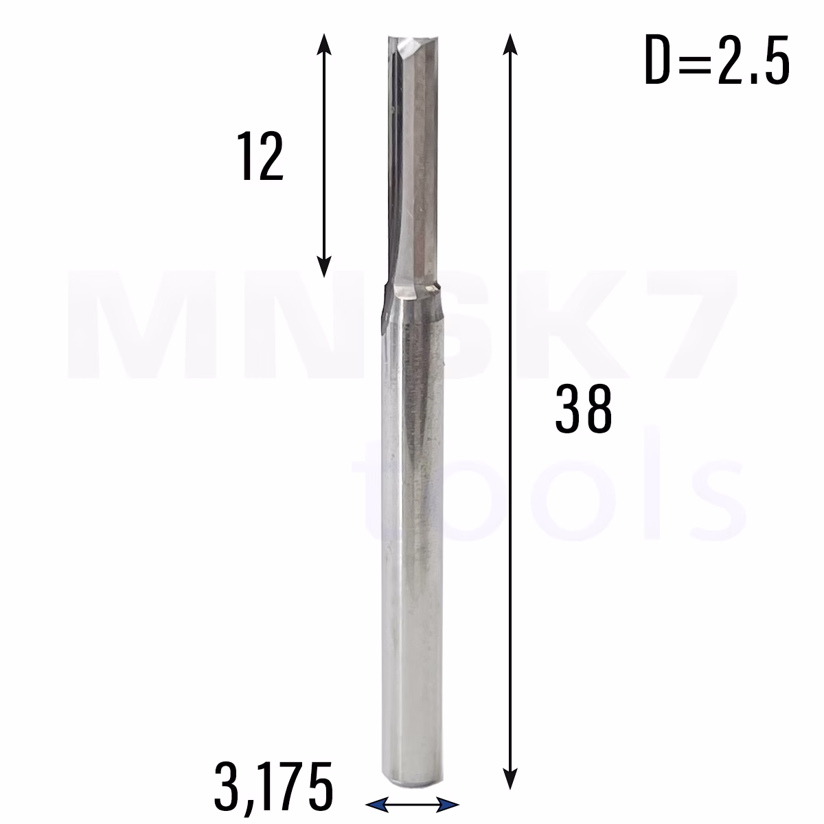 Frez prosty do drewna 2P | fi 2.5 mm x 12 mm x 38 mm | CNC VHM