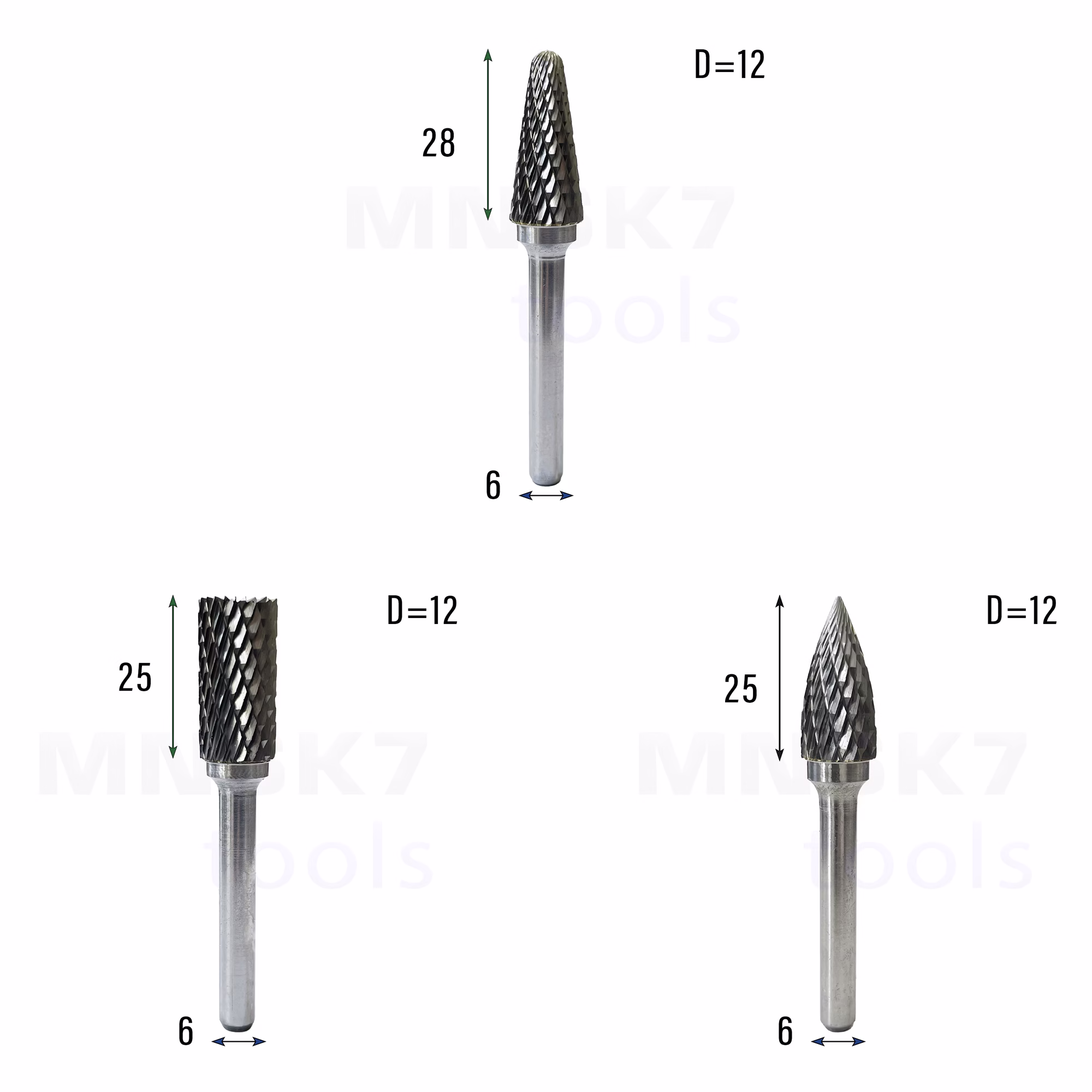 Zestaw frezów pilników obrotowych do metalu | 6 x 12 | VHM HRC 65 | 3 szt. - obrazek 2