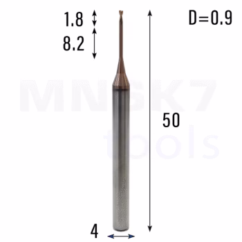Frez palcowy mikro do metalu 2P | fi 0.9 mm * 50 mm | CNC VHM HRC 55