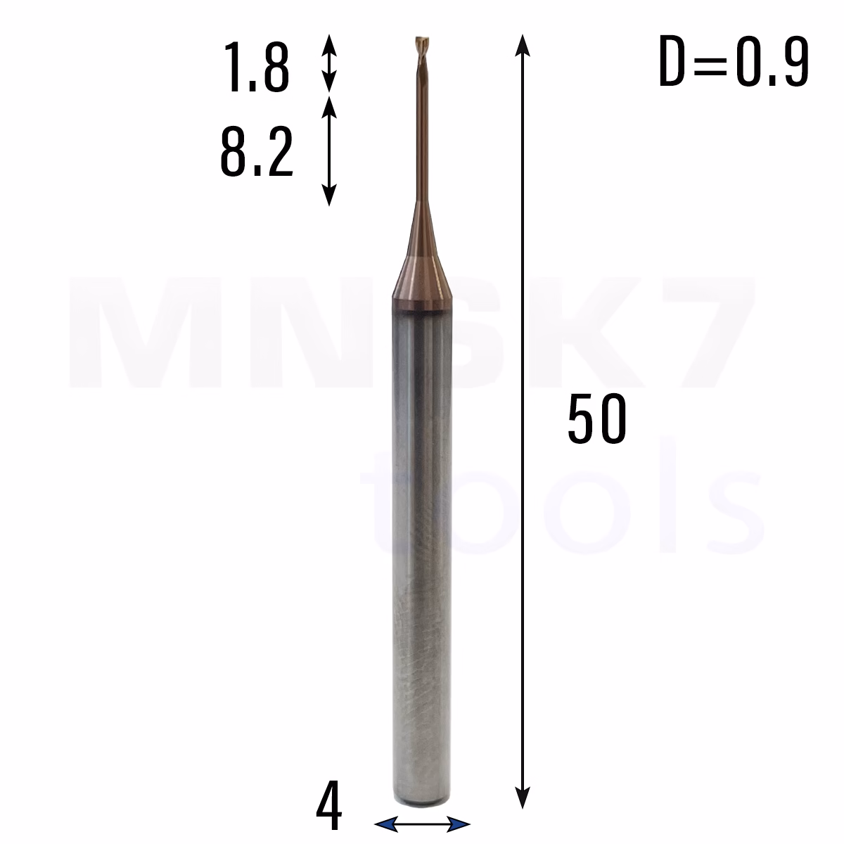 Frez palcowy mikro do metalu 2P | fi 0.9 mm * 50 mm | CNC VHM HRC 55