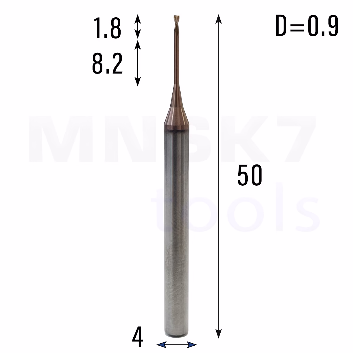 Frez palcowy mikro do metalu 2P | fi 0.9 mm * 50 mm | CNC VHM HRC 55