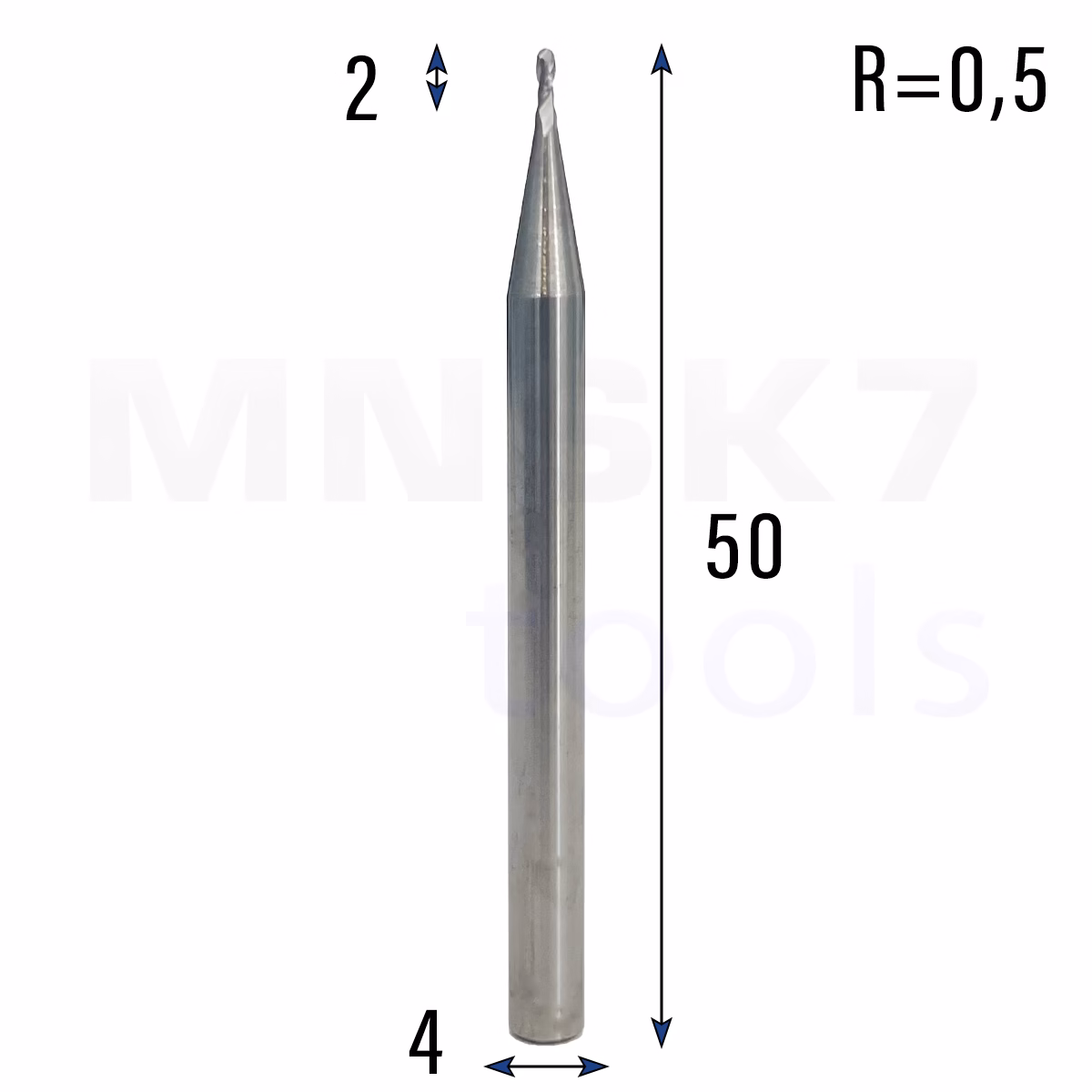 Frez kulowy 3D 2P | trzpień 4 mm | fi 1 x 2 x 50 | R0.5 | HRC55 | VHM CNC
