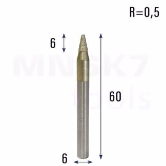 Frez diamentowy stożkowy kulowy do granitu 3D | R 0,5 | 6 × 6 × 60 | CNC