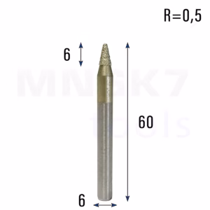 Frez diamentowy stożkowy kulowy do granitu 3D | R 0,5 | 6 × 6 × 60 | CNC