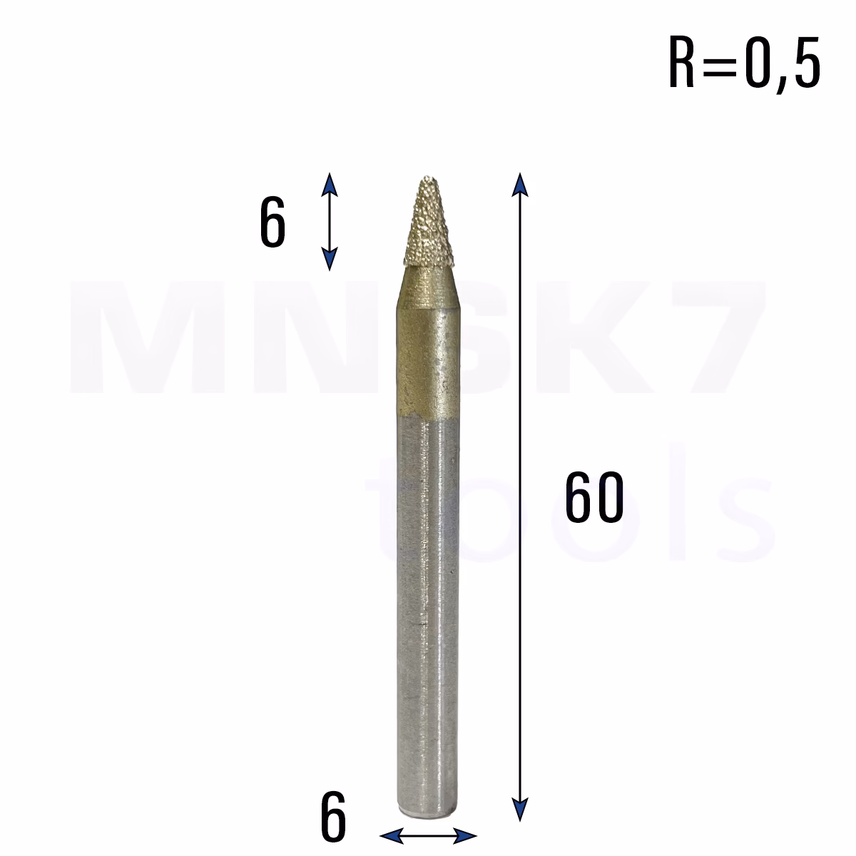 Frez diamentowy stożkowy kulowy do granitu 3D | R 0,5 | 6 × 6 × 60 | CNC