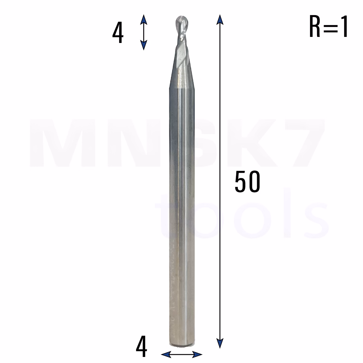 Frez kulowy 3D 2P | trzpień 4 mm | fi 2 x 4 x 50 | R1 | HRC55 | VHM CNC