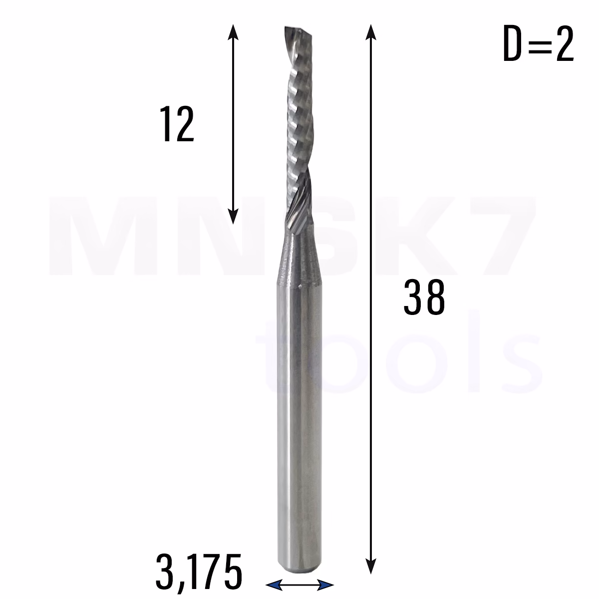 Frez uniwersalny jednopiórowy 1P | fi 2 x 12 x 38 | VHM CNC | Polerowany