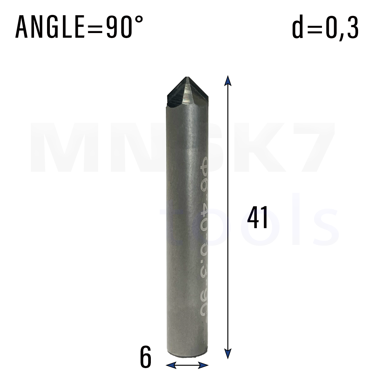 Frez diamentowy PCD do granitu | trzpień 6 mm | fi 0,3 x 41 | 90° | CNC